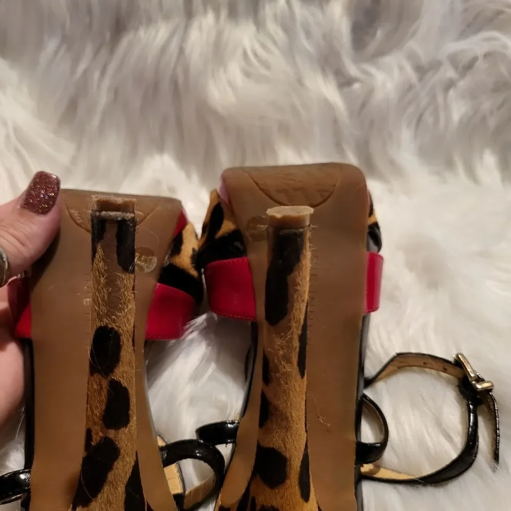 Gianni Bini Leopard Print Heels Red Patent Leather Straps Size 7.5M